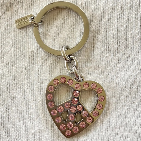 Coach RARE Pink Rhinestone Pave Heart Peace Sign Bag Charm Keychain Fob - Picture 1 of 2
